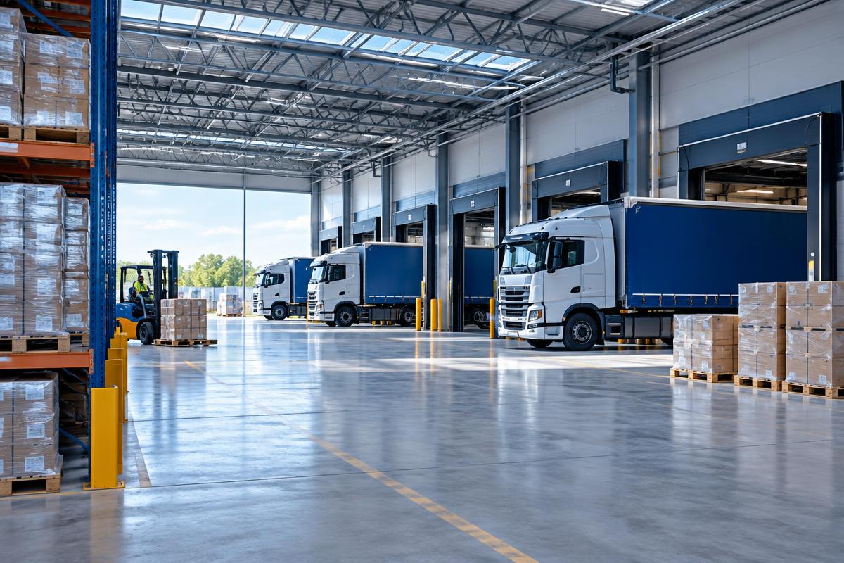 Entrepôt logistique et camions de livraison Sibex Distribution